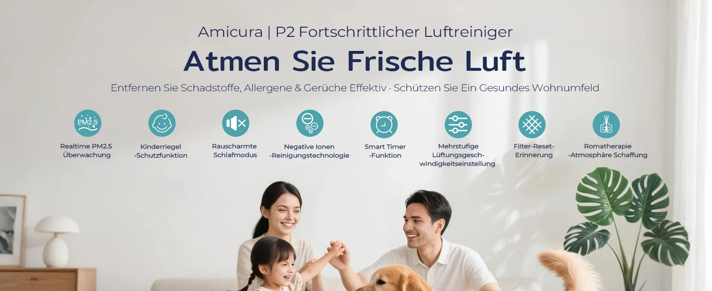 Amicura P2 Air Purifier for Pet Allergy Sufferers 843 m³/h Pet Hair Removal 450 CADR 99% Odour Neutralisation H13 Filter Against