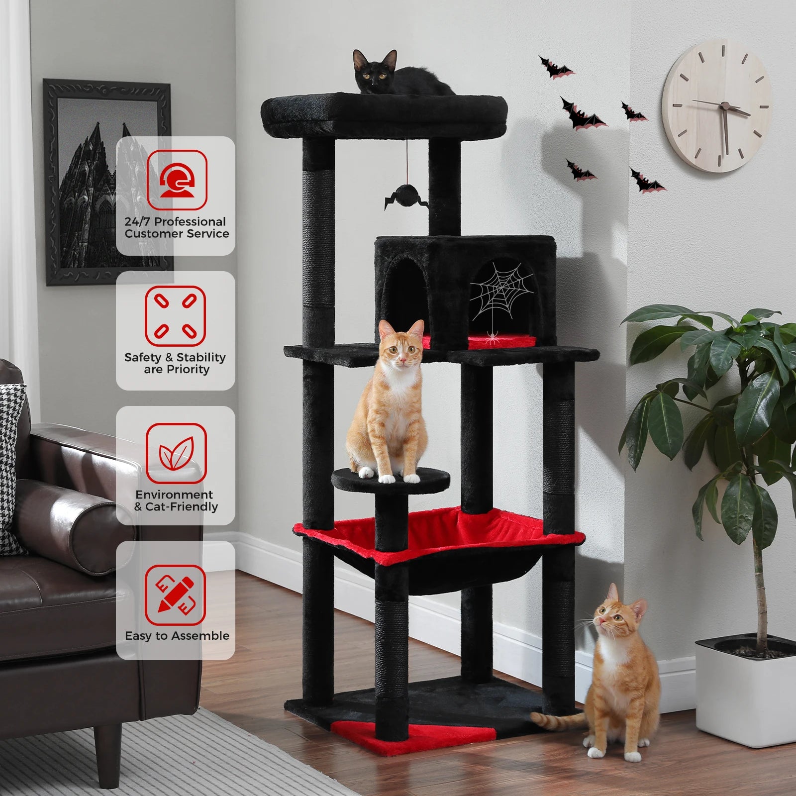 Gothic Cat Tree Black Cat Tower with Comfortable Condo,Natural Sisal Cat Scratching Post Perfect for Indoor Cats,Cat Accessories