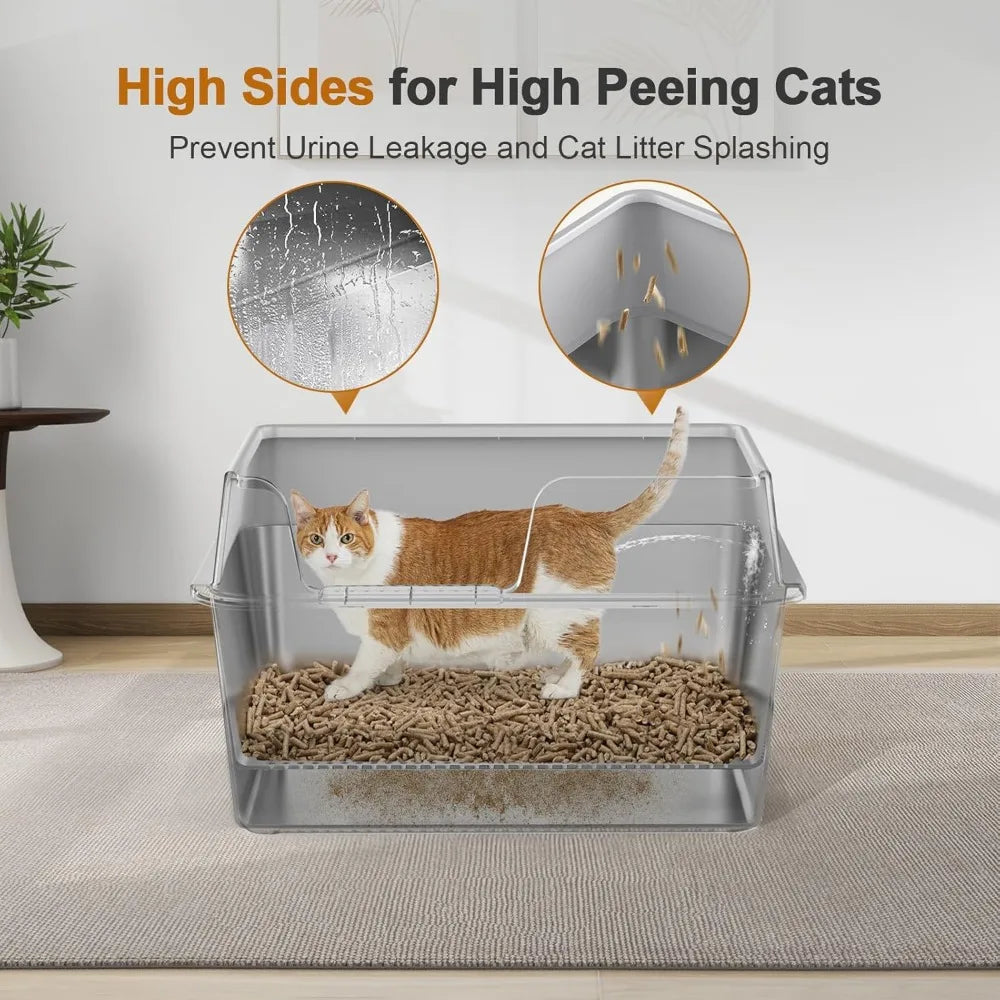 High-Sided Enclosed Sifting Cat Litter Box for Pine Pellets, Stainless Steel with Lid, Suitable for Small Cats, Easy Clean Metal