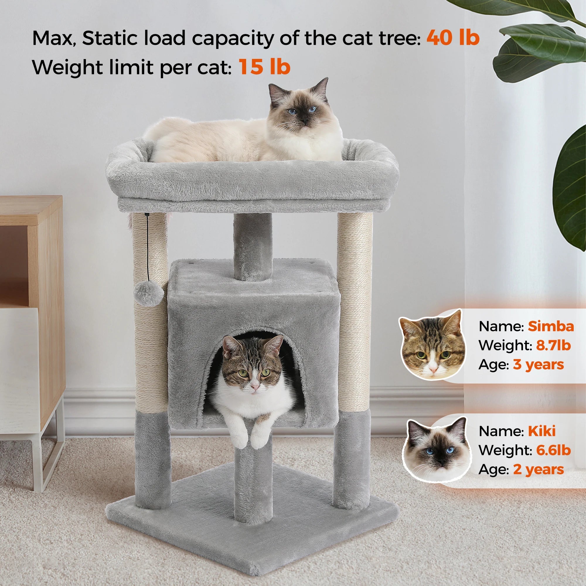 Small Cat Tree Tower with Natural Sisal Scratching Posts Soft Top Perch and Plush Pom-pom Cozy Cat Condo Bed for Indoor Cat Toys