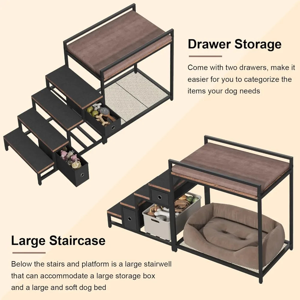 dual-level pet bunk bed with detachable stairs, storage drawers, and window perch for dogs and cats