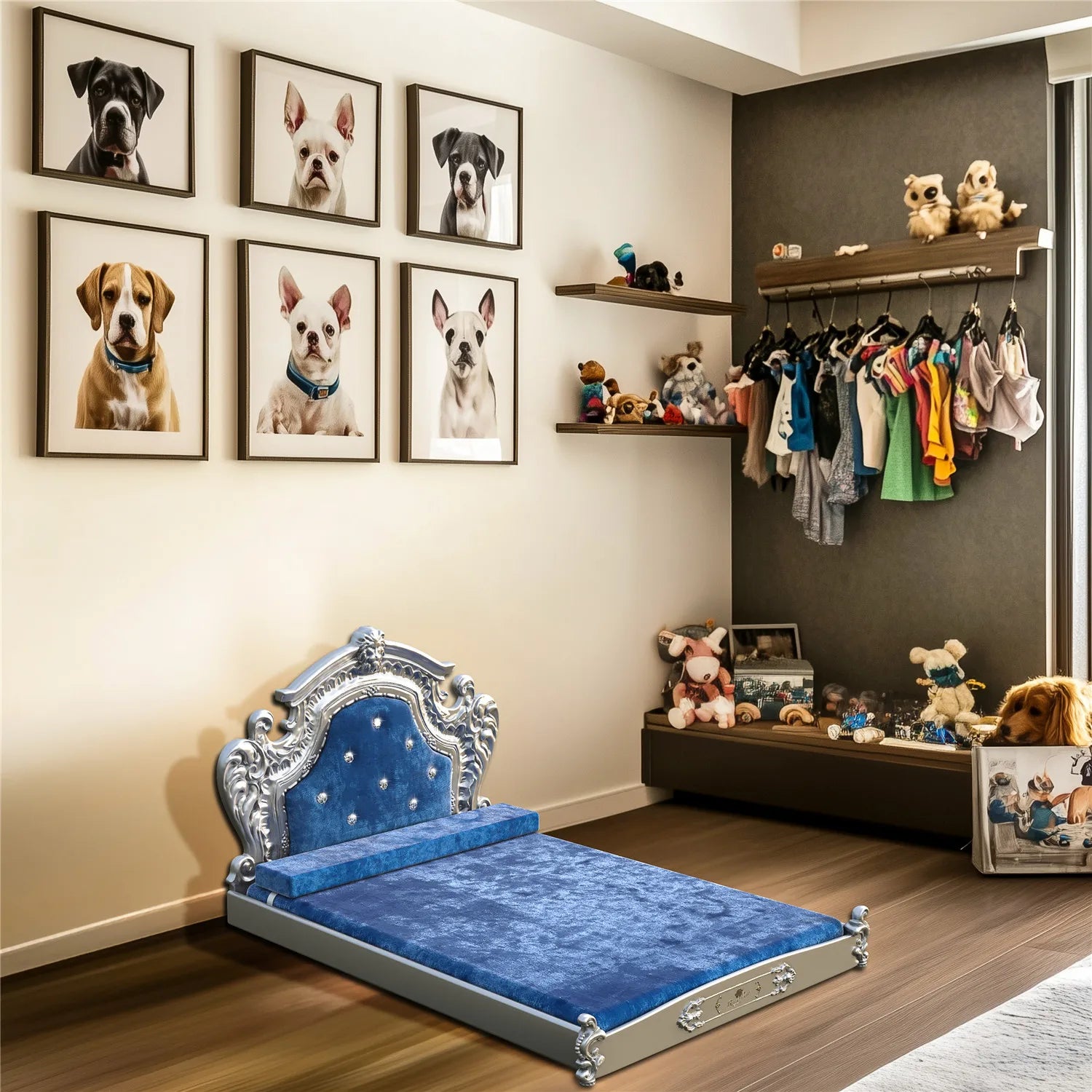 Bingopaw Luxury Pet Bed with Headboard, Dutch Velvet Dog Cat Bed for Medium and Large Dog, European Style Noble Pet Bed