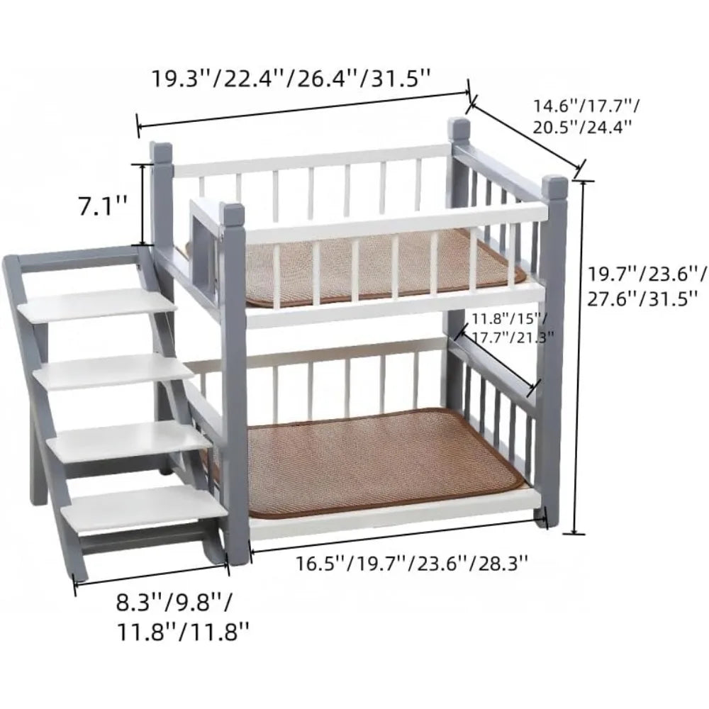 Double Layer Pet Bed with Stairs - Wooden Dog Bunk Bed for Medium to Large Dogs and Cats, Removable Cushions, Pink