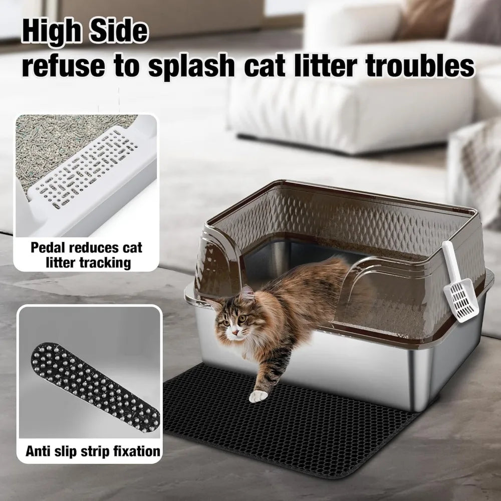 Extra Large High-Sided Cat Litter Box with Lid, Litter Mat, and Litter Scoop - XXL Stainless Steel, Anti-Urine Smell, Pet Suppli
