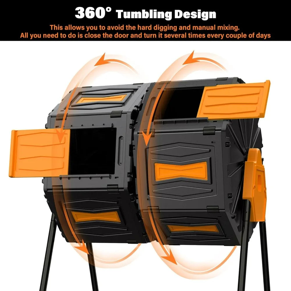 45 Gallon Dual Chamber Rotating Compost Bin for Efficient Outdoor Garden Waste Management