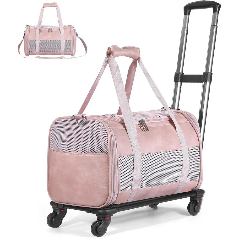 Airline Approved Pet Carrier with Wheels, Rolling Soft Sided Dog Cat Travel Bag, Premium Fashion Leather Small Pet Carrier Purse