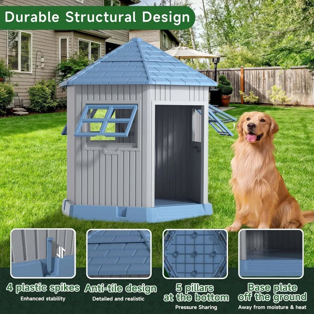 Dog House Indoor Outdoor Durable Large Dog Shelter with Outside Dog Kennel with Window and Elevated Floor for Small Medium Dogs