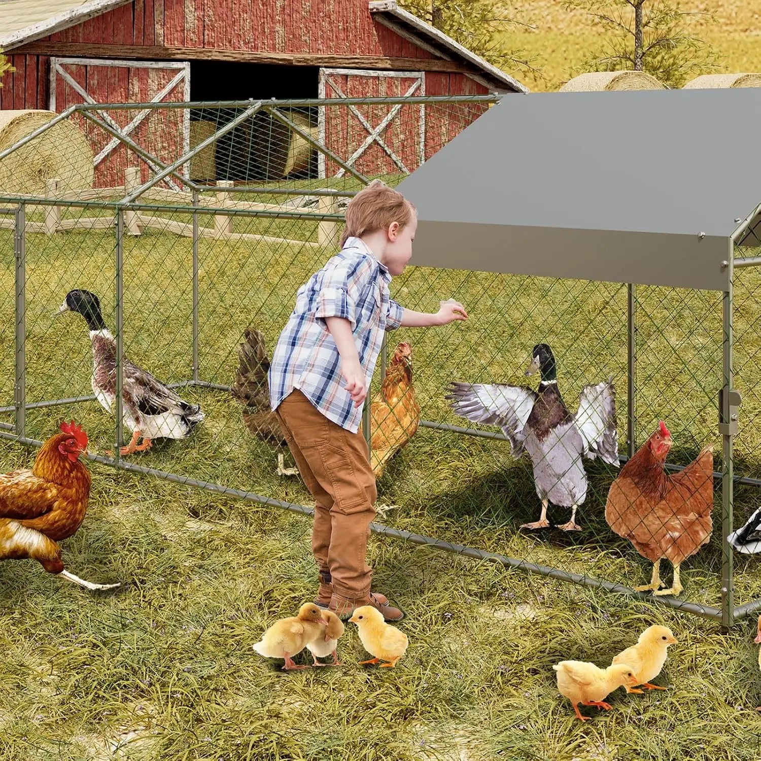 120"x40"x40" Large Walk-in Metal Chicken Coop with Waterproof Anti-UV Cover Outdoor Chicken Run for Chickens Ducks Rabbits Geese