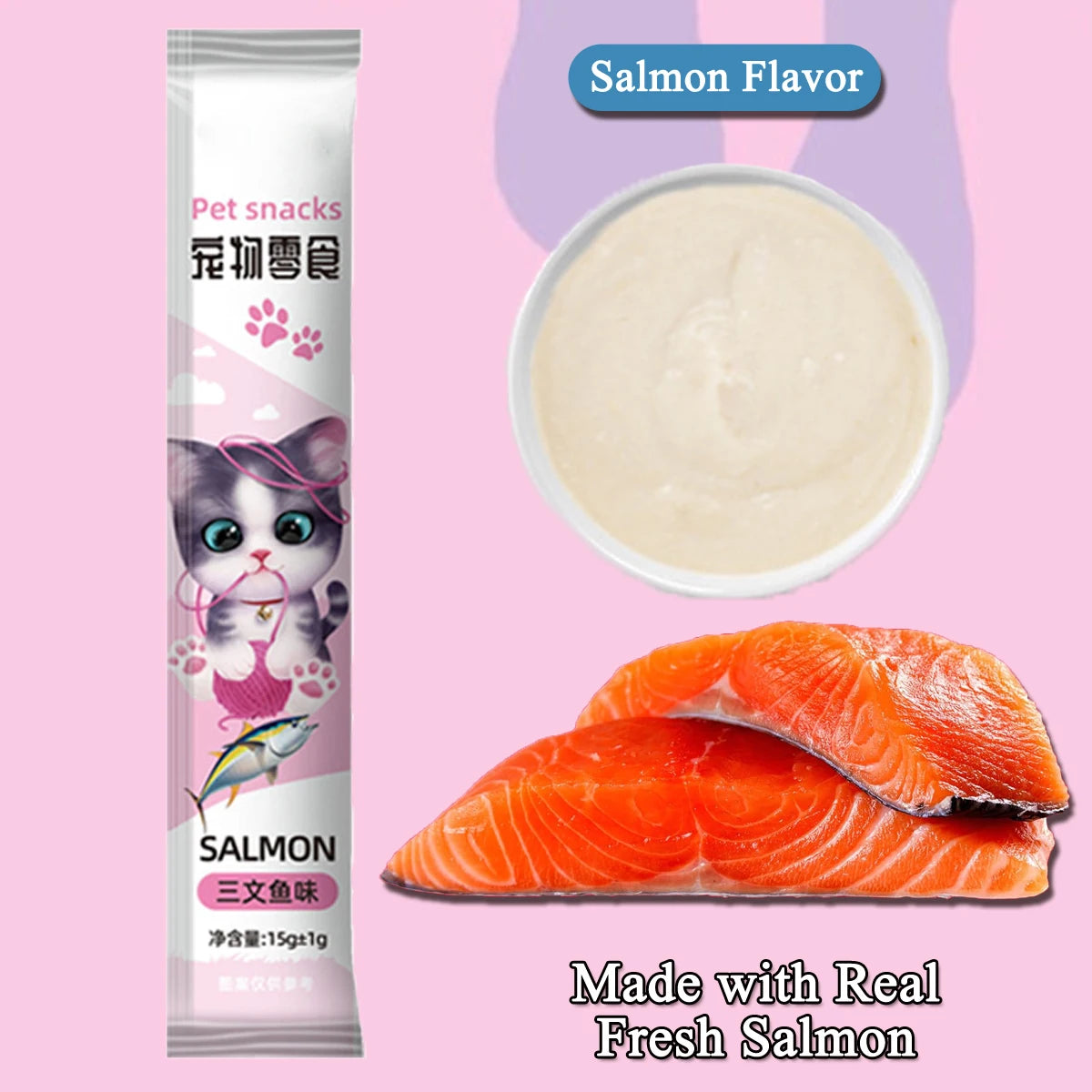 Cat Treats, Lickable, Squeezable Creamy Puree Cat Treat, 0.5 Ounces Each Tube, Salmon Flavor