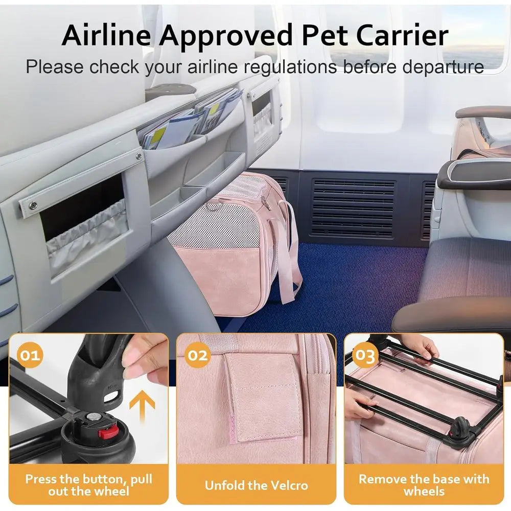 Airline Approved Pet Carrier with Wheels, Rolling Soft Sided Dog Cat Travel Bag, Premium Fashion Leather Small Pet Carrier Purse