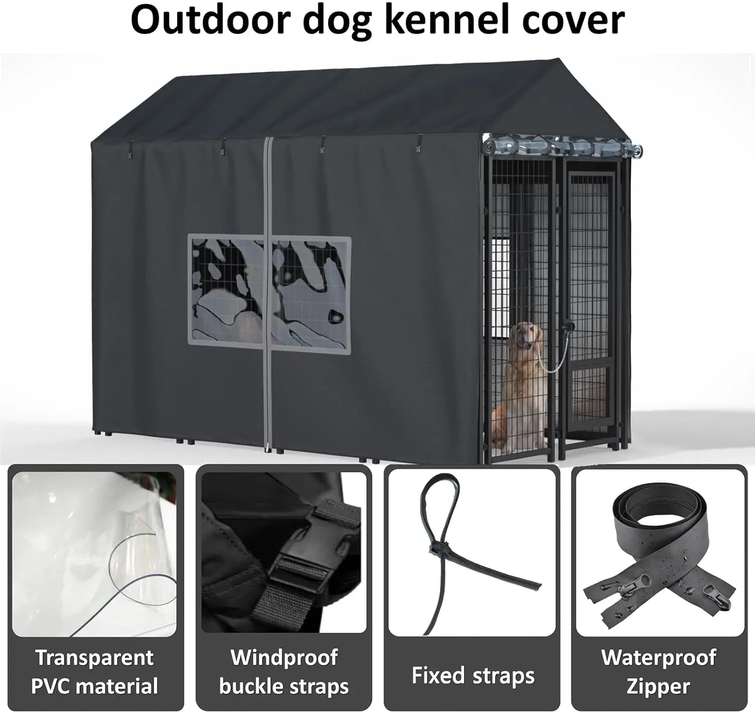 Outdoor Dog Kennel Cover 8x4x6 FT Waterproof Cold Resistant with Zippers & PVC Windows for Pet Protection