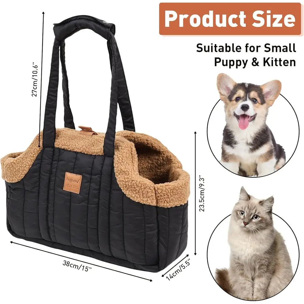 Small Dog Carrier Purse, Winter Fleece Warm Dog Tote Bag Carrier with Secure Harness Clip for Puppy Kitten, Waterproof Pet Trave