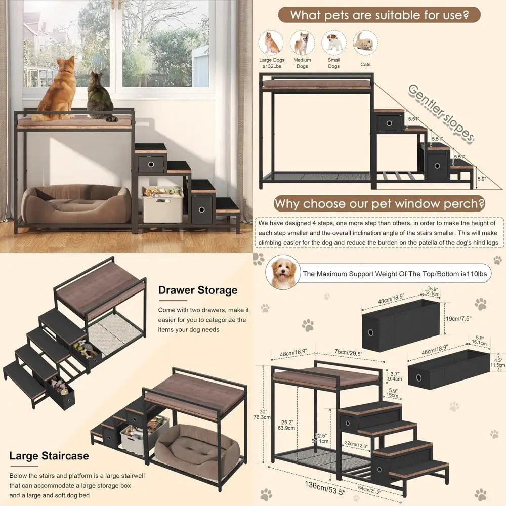 dual-level pet bunk bed with detachable stairs, storage drawers, and window perch for dogs and cats