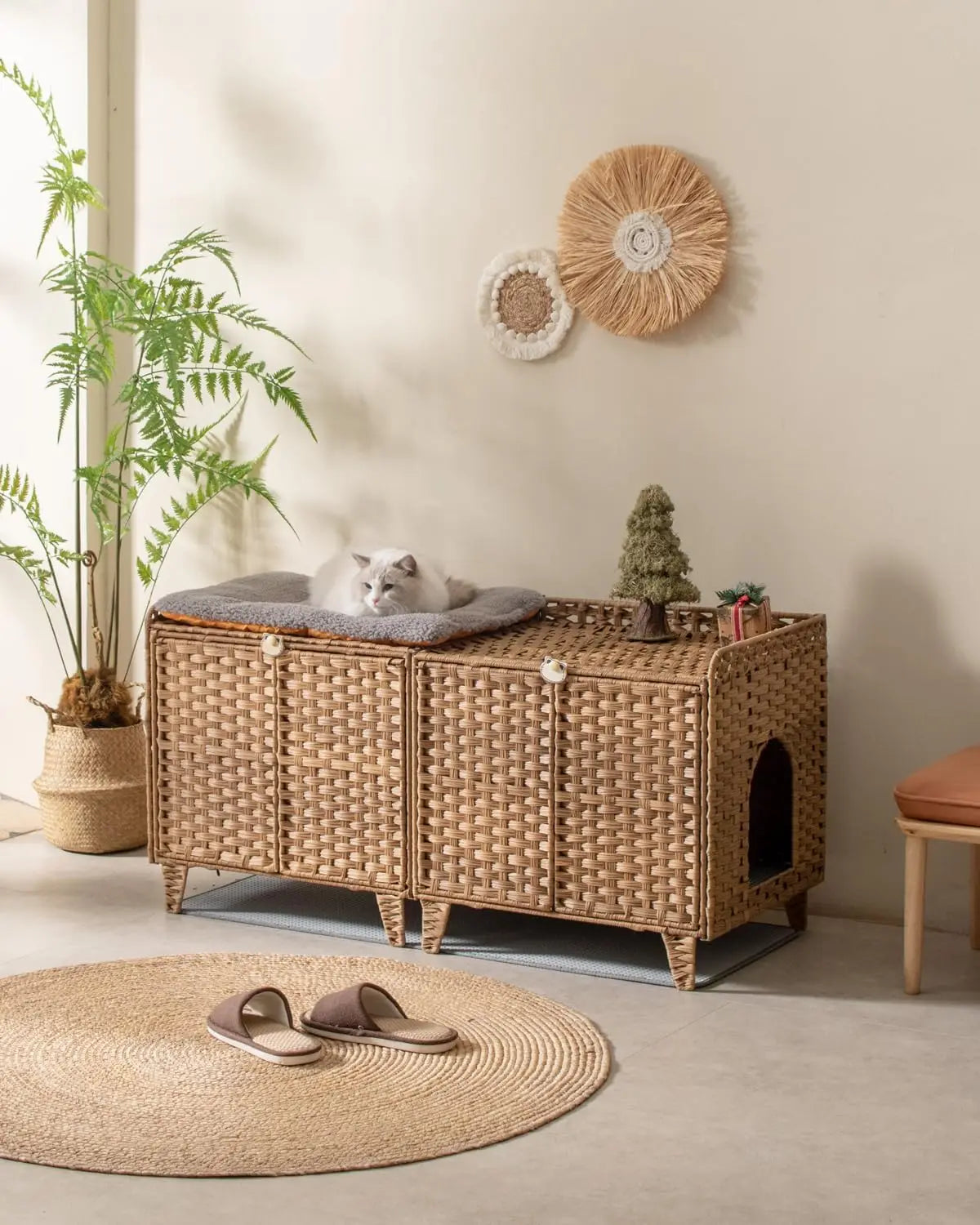 Cat Litter Box Enclosure for 2 Cats, Double Litter Box Furniture with Litter Mat,Large Rattan Hidden Kitty Cat House with Double