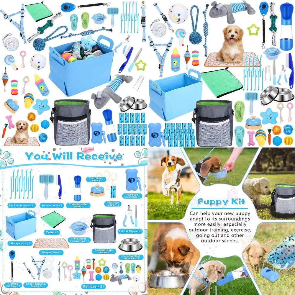 65 Pcs Puppy Supplies Starter Kit Small Dog Essentials Includes Dog Leash, Toys, Bowl, Brushes, Water Bottles, pet Blankets Pupp