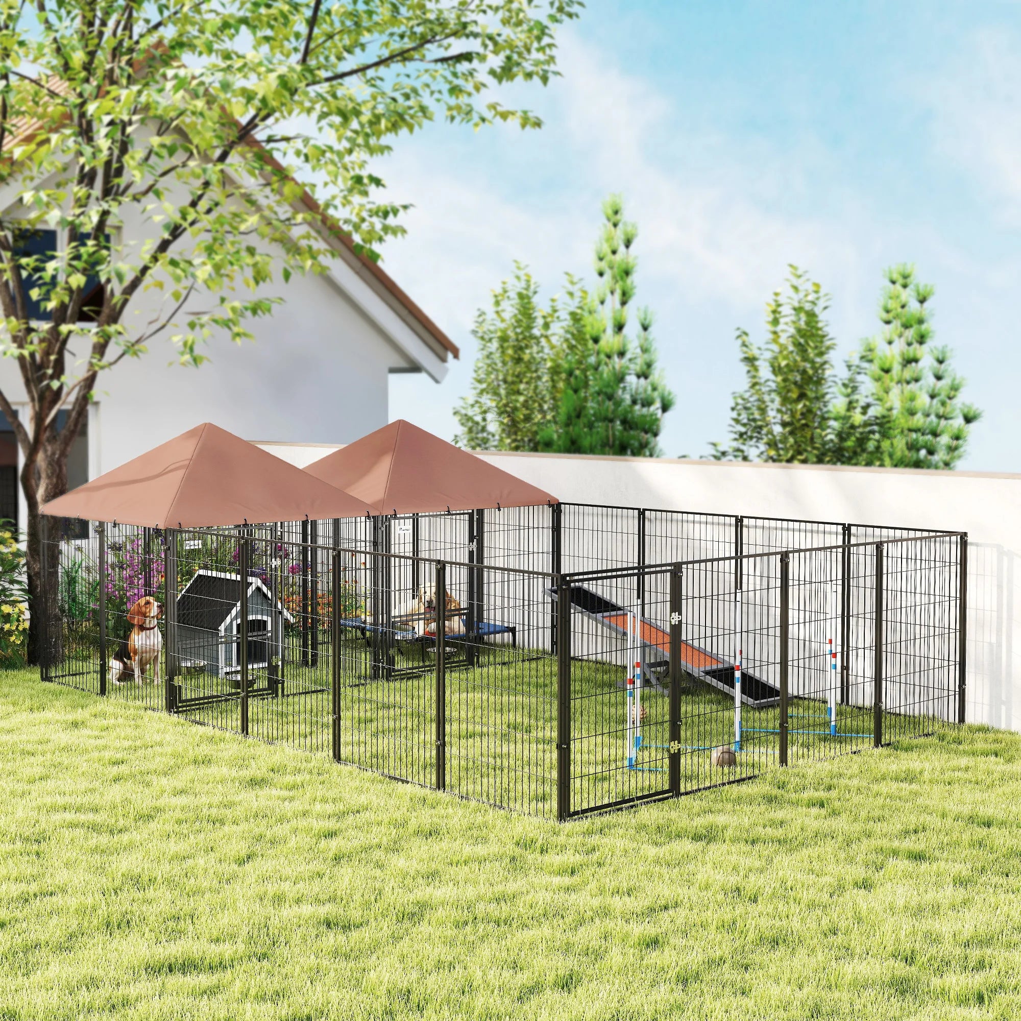 Dog Kennel Outdoor with Rotating & Adjustable Height Bowls