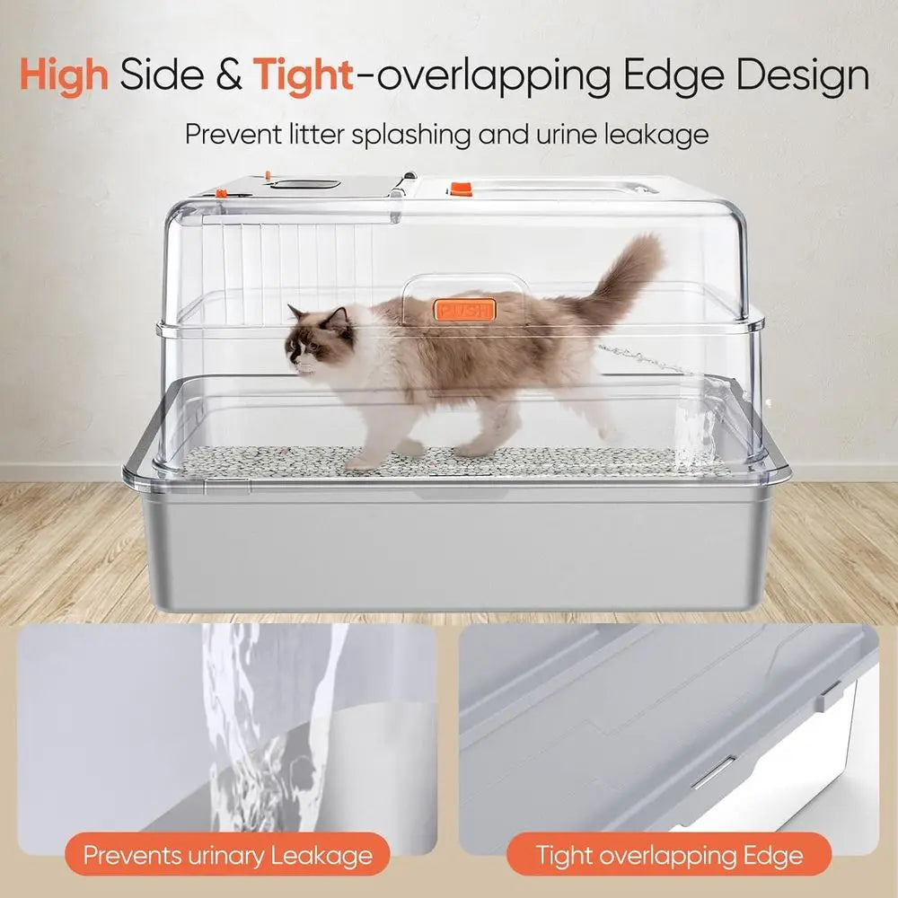 Extra Large 28 L×20 W Odor-Control Stainless Steel Cat Litter Box, 4-in-1 Cat Metal Litter Box Set, Enclosed Removable Metal Lit