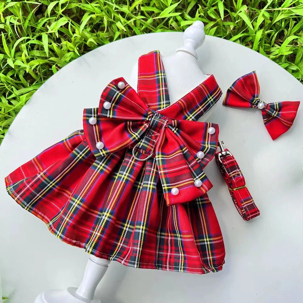 JK-Style Checkered Pet Dress Set - Bow Tie Harness Leash for Dogs & Cats (Christmas/Cosplay)