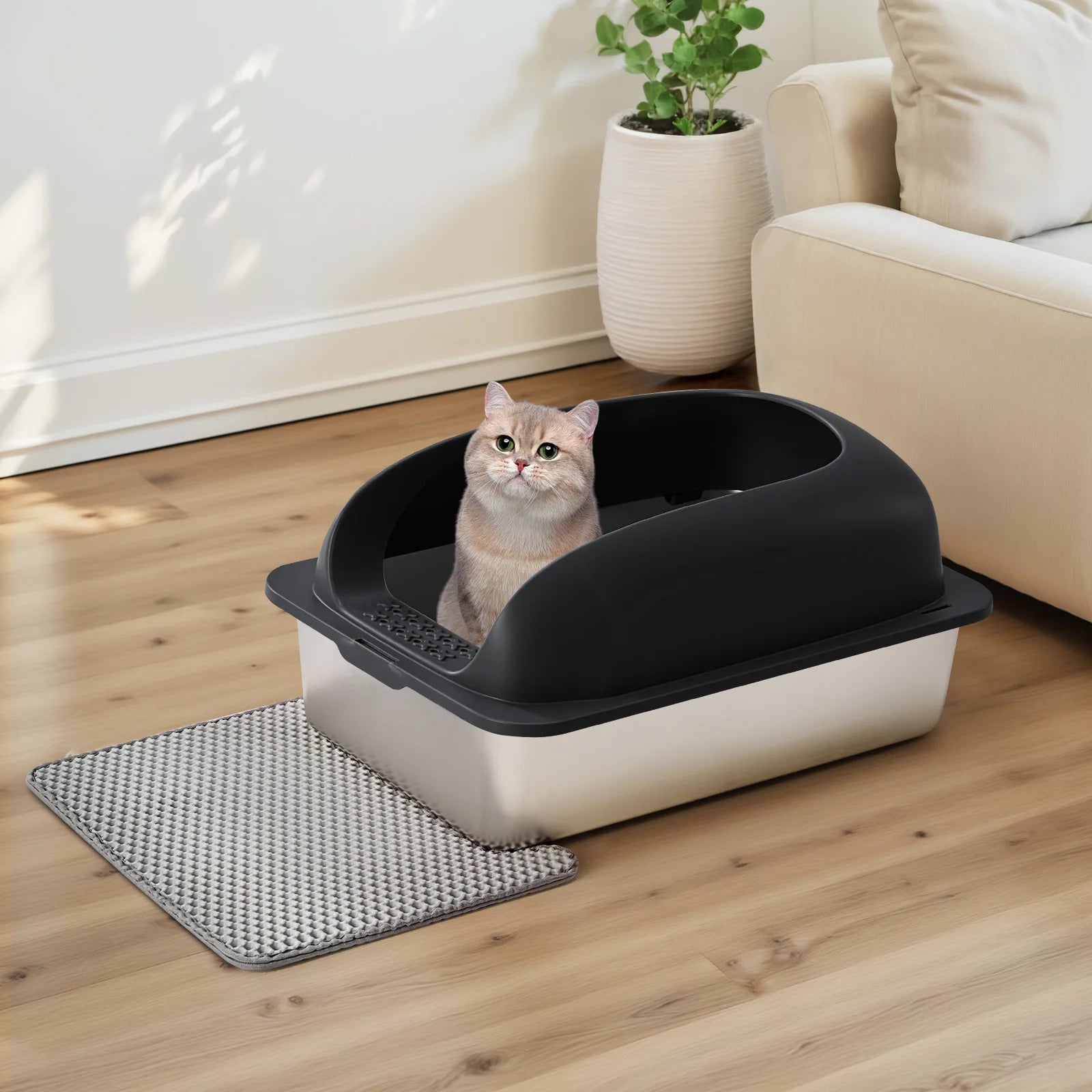 JHK Stainless 24IN Steel Cat Litter Box with Lid Large Cat Litter Box for Big Cats Anti-Urine Leakage Scoop and Mat Included