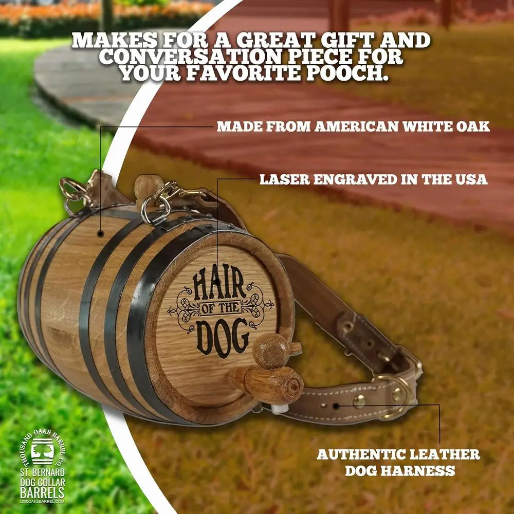 St Bernard Whiskey Barrel Collar for Dog, 'Hair of the Dog' - 1/2 Liter Oak Aging Barrel Dispenser for Saint Bernard Dogs with A