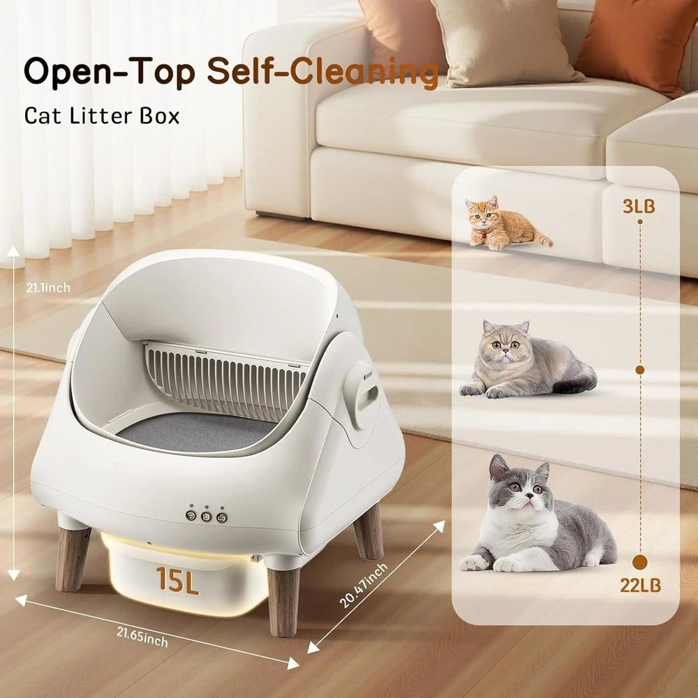App-Controlled Automatic Litter Box for Multiple Cats: Open Top, Safety, Quiet, Large Bin, Waste Bags & Brush
