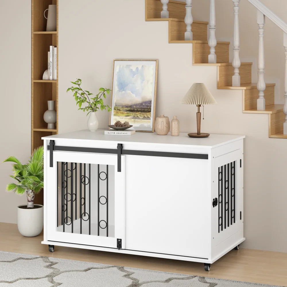 Modern Wooden Dog Crate Furniture with Sliding Barn Door and Side Door, Indoor Dog Kennel End Table for Small to Medium Dogs