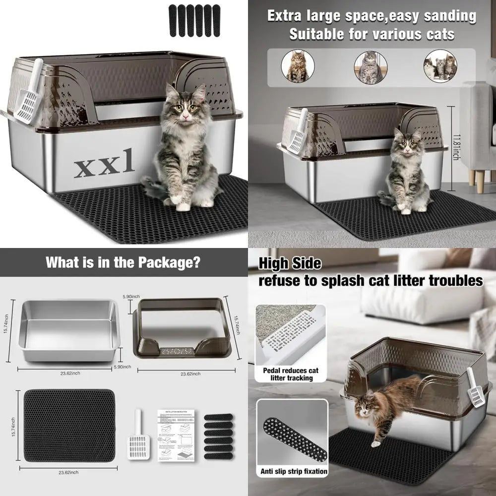 Extra Large High-Sided Cat Litter Box with Lid, Litter Mat, and Litter Scoop - XXL Stainless Steel, Anti-Urine Smell, Pet Suppli