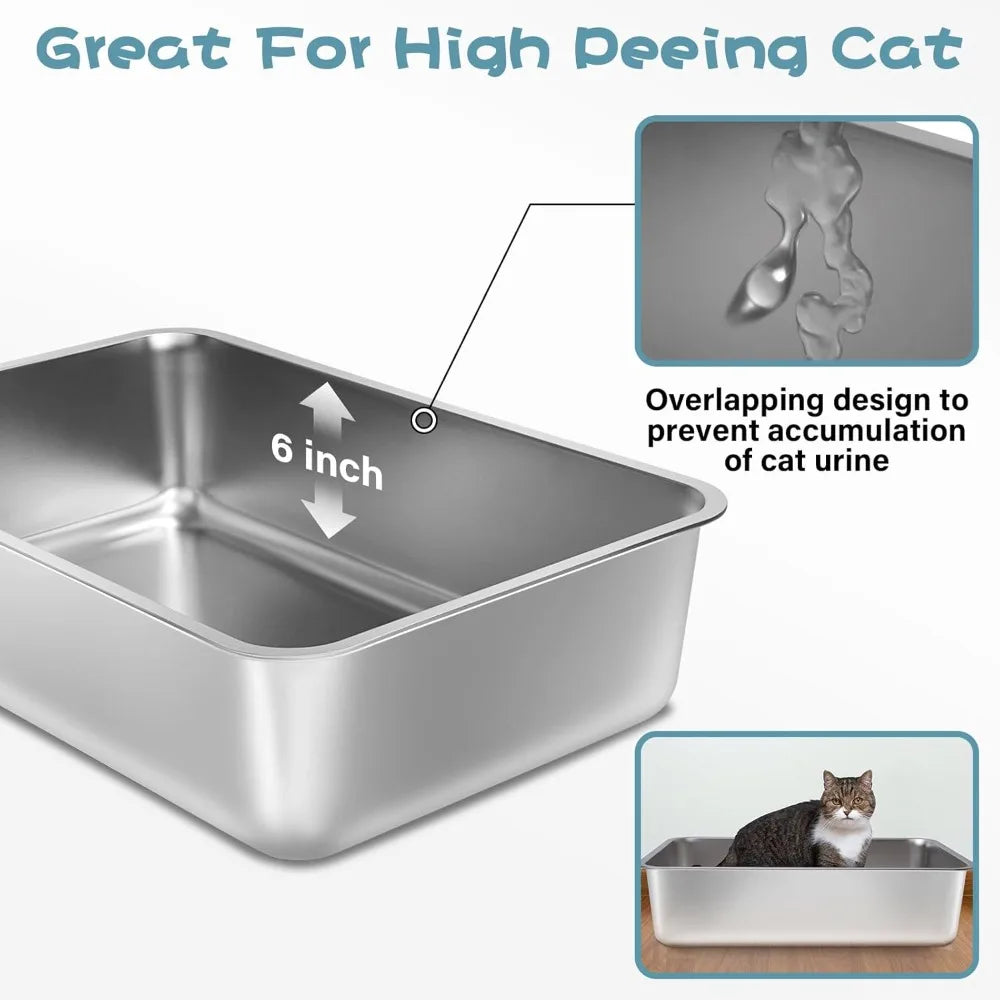 Extra Large Stainless Steel Cat Litter Boxes 2-Pack, 23.6x15.7x6 Deep, XL Metal Litterbox for Large Cats, Ideal for Big Cats wit
