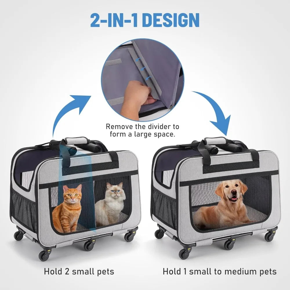 Double Pet Carrier with Wheels for Small Dogs and All-Breed Cats, Rolling Carrier for 2 Cats, Supports up to 40 Lbs