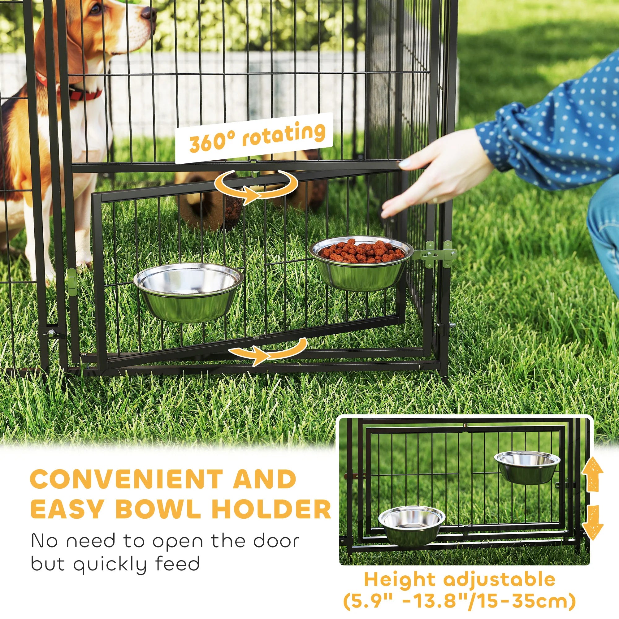 Dog Kennel Outdoor with Rotating & Adjustable Height Bowls