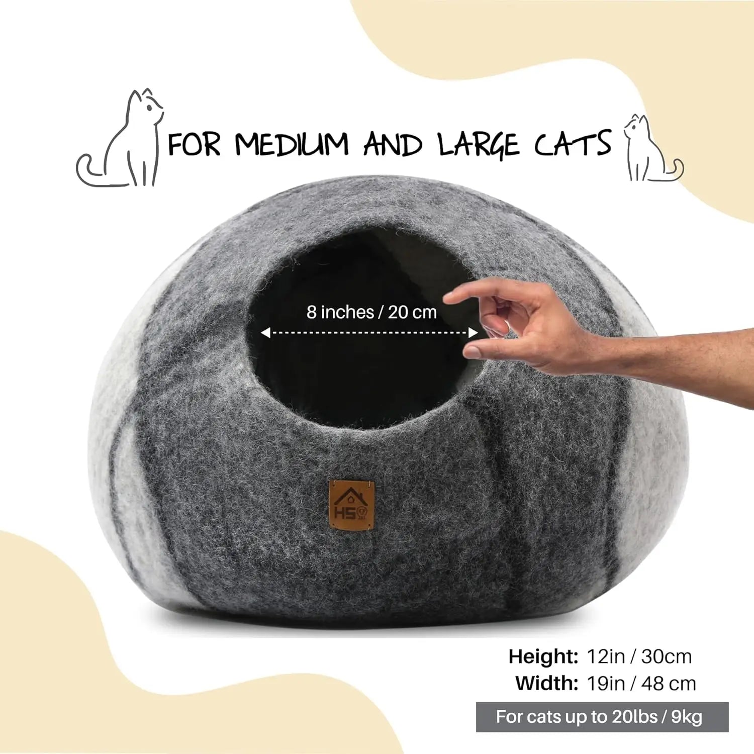 Premium Wool Cat Cave Handmade Natural Felt Bed for Cats Indoor Hideaway Large Gray White