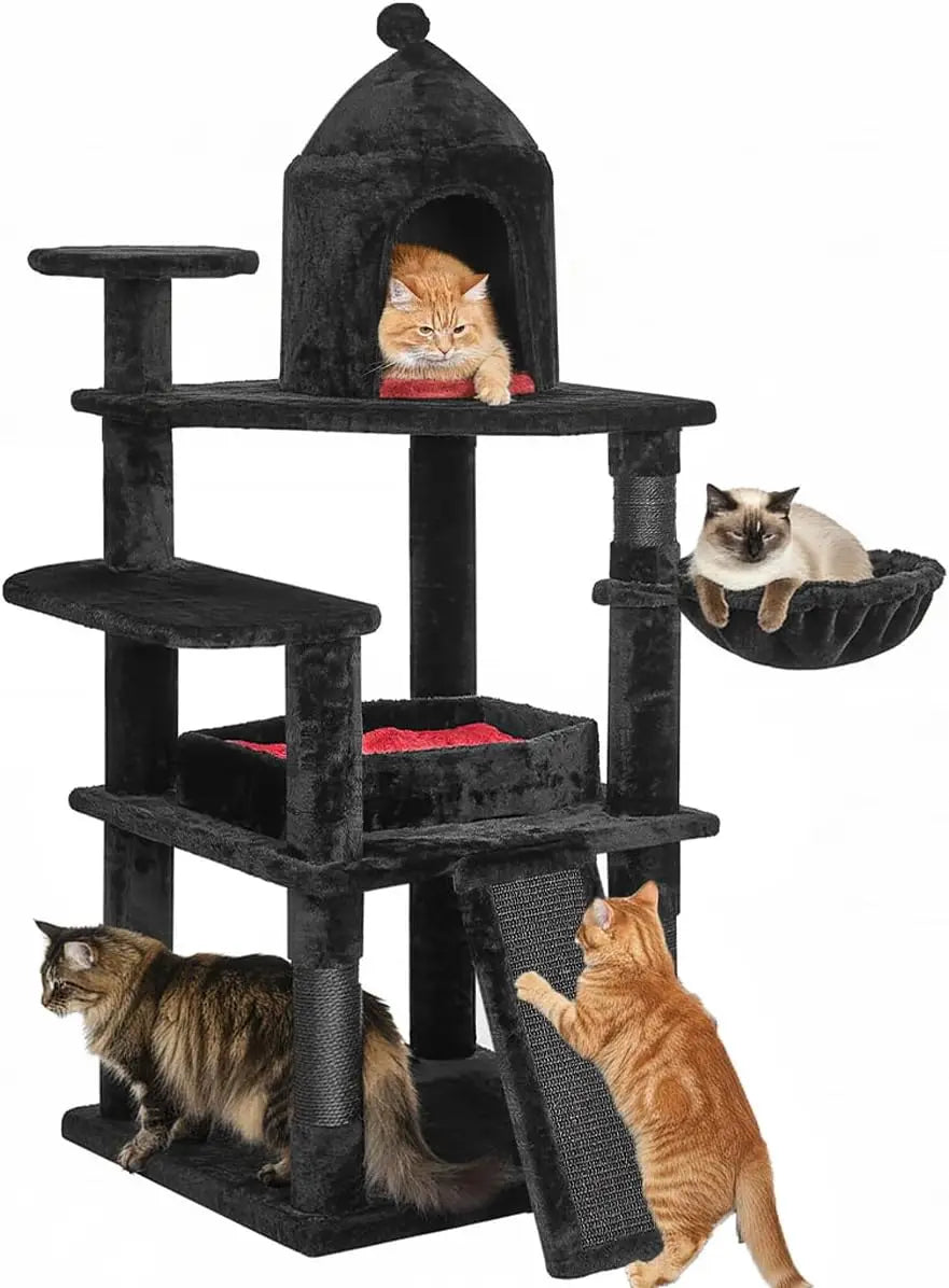 Gothic Cat Tree with Coffin Bed, Multi-Level Tower for Indoor Cats, Halloween Decor, Black and Red Design