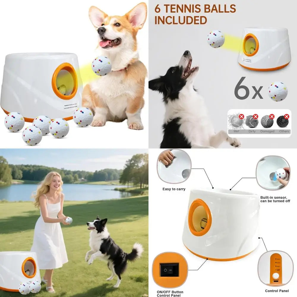 Interactive Dog Ball Launcher with 6pcs 2.3 Inch Tennis Balls, Throws 20-45ft, Ideal for Indoor and Outdoor Play