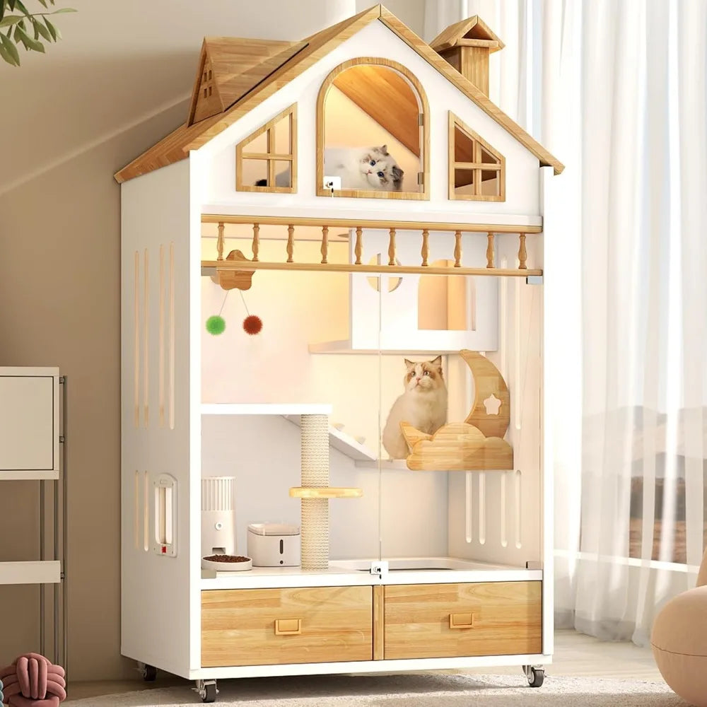Enclosed Cat Condo, Large Wooden Cats House Indoor Cage Cat Enclosure on Wheels, Multi-Feature Enclosed Condo with Litter Box