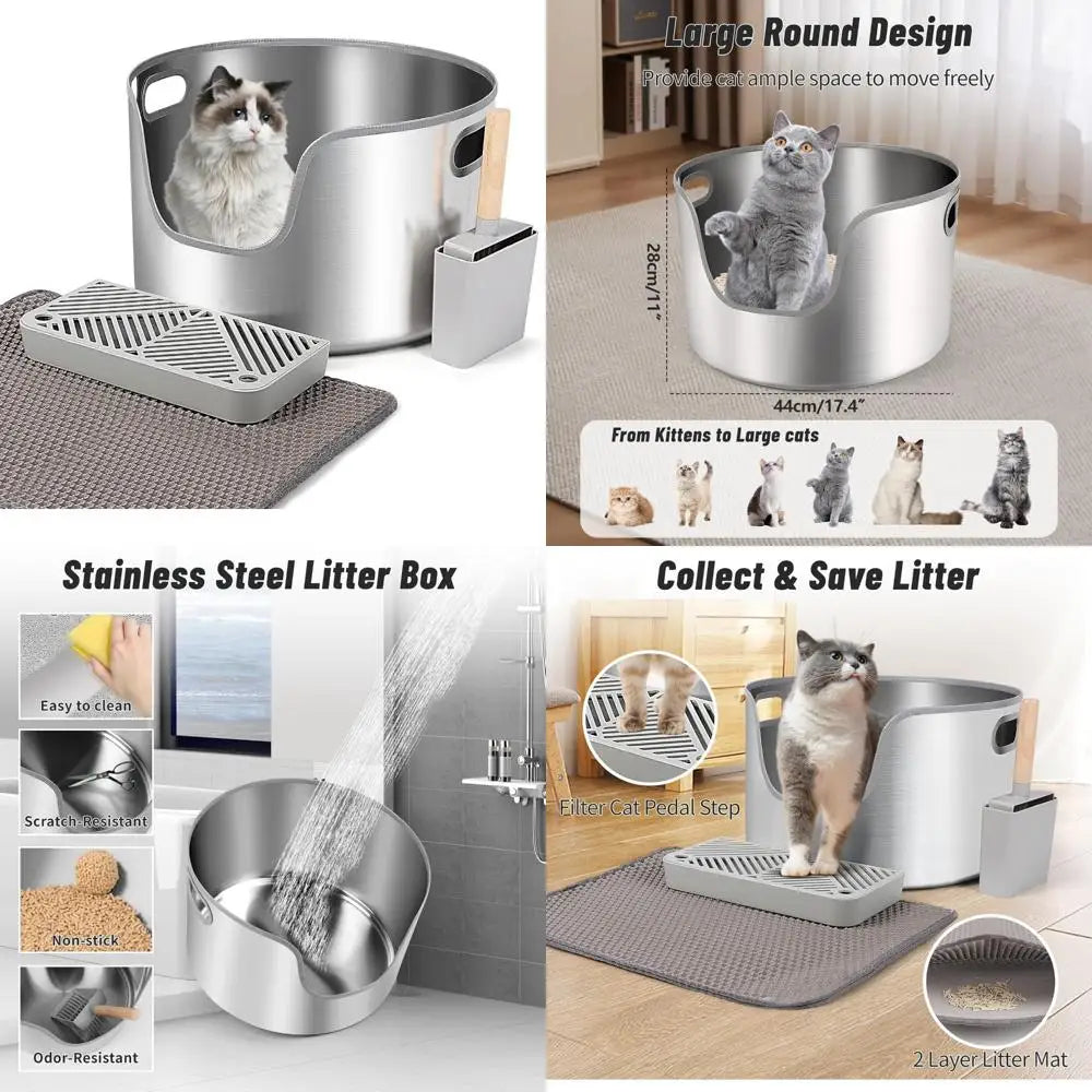 Large Round High-Sided Stainless Steel Cat Litter Box with Scoop, Filter Pedal, and Litter Mat for Easy Clean-Up