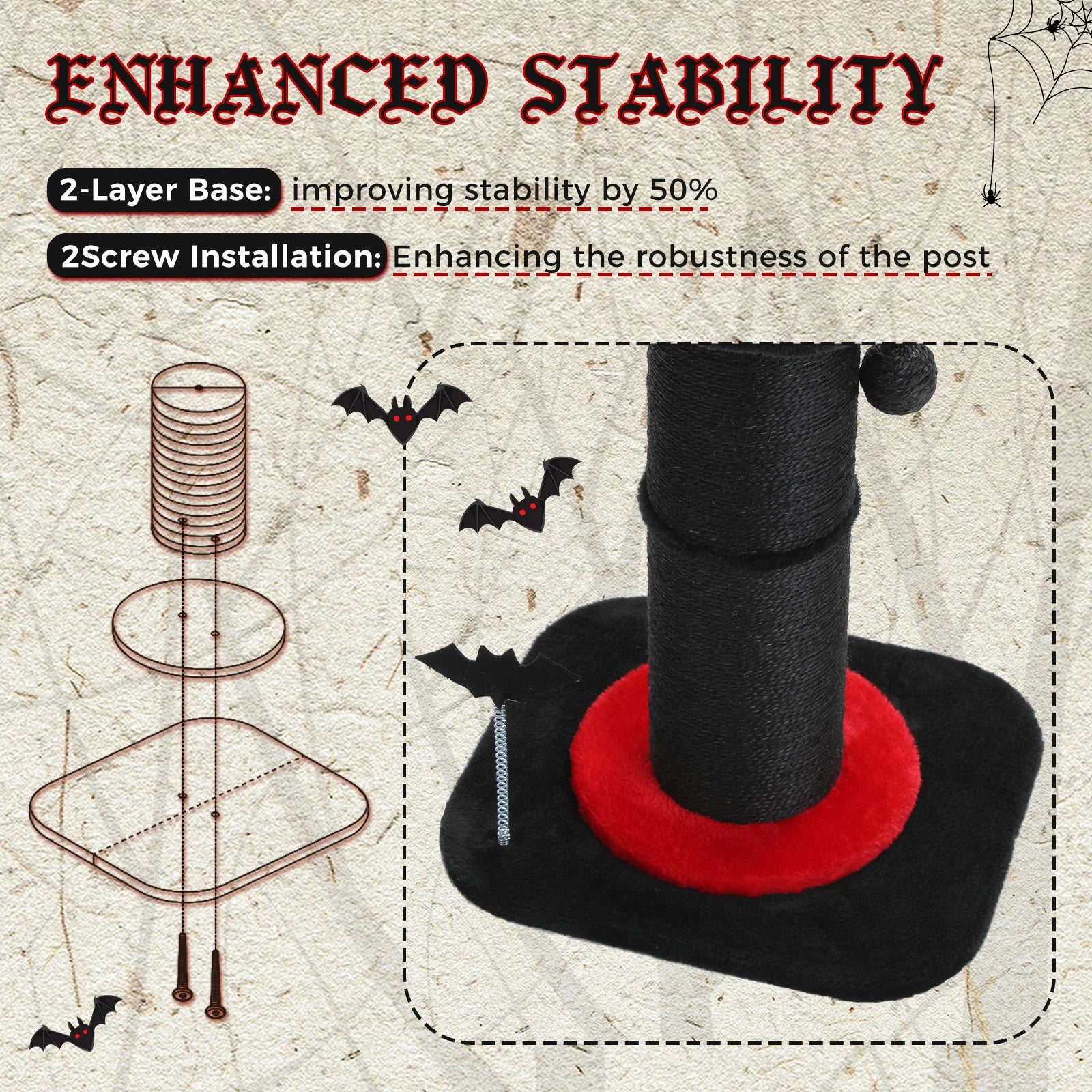 Stable Black Gothic Cat Scratching Post with Super Thick Scratching Post,Removable Spiderweb Pattern Cat Bed,Spring Ball,Cat Toy