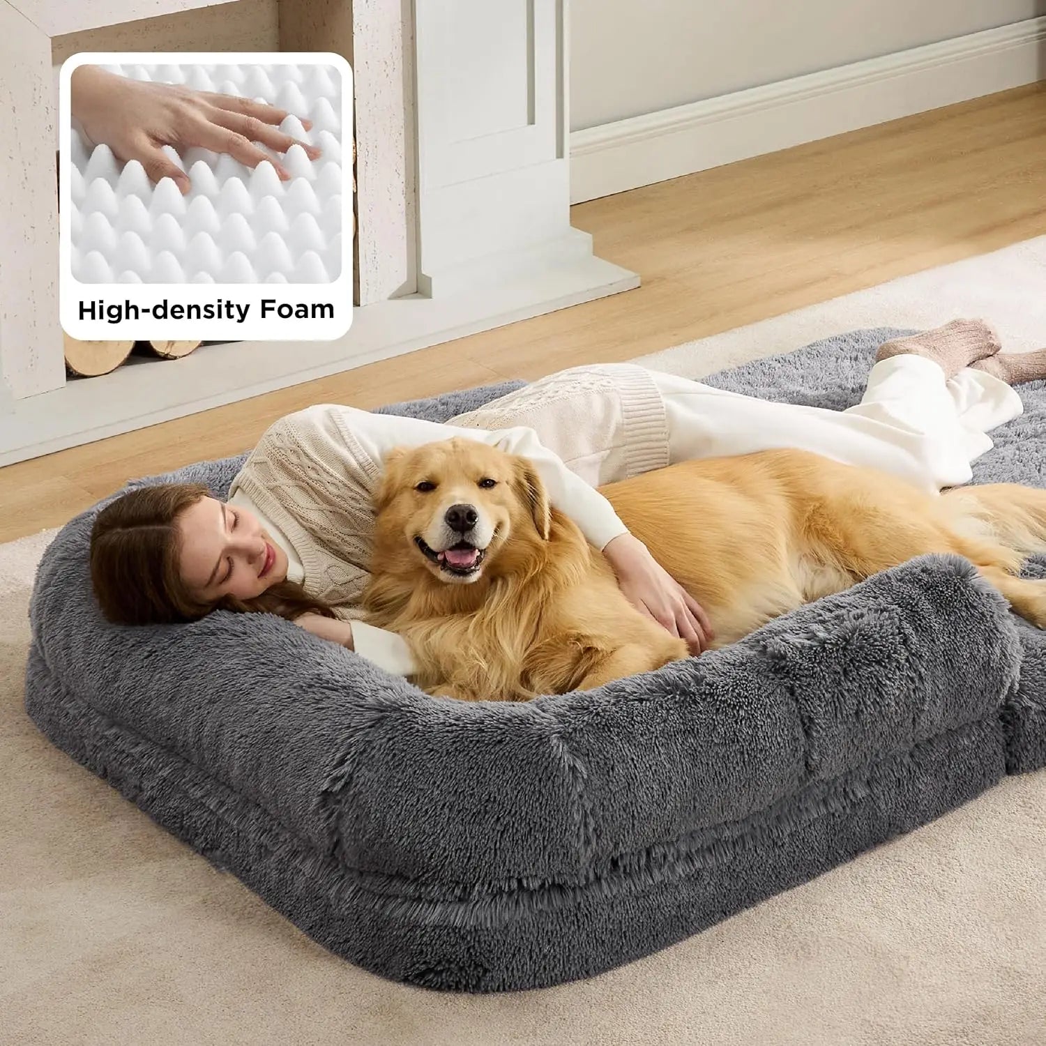 Foldable Human Dog Bed - 2-in-1 Orthopedic Foam, Waterproof, Faux Fur, Dark Grey for Adults and Pets
