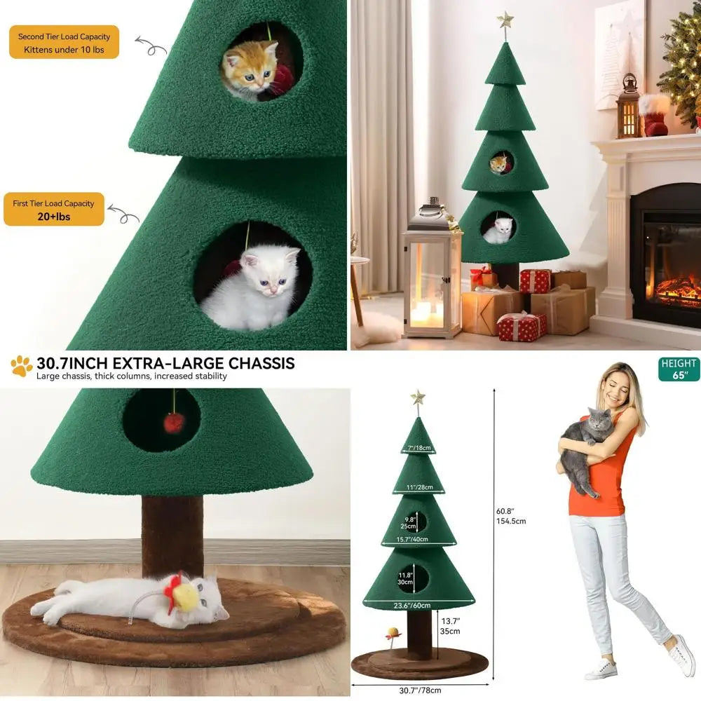 60" Christmas Cat Houses for Indoor Cats, Christmas Cat Tree Tower with 2 Cozy Houses, Kitty Furniture with Teaser Plaything for