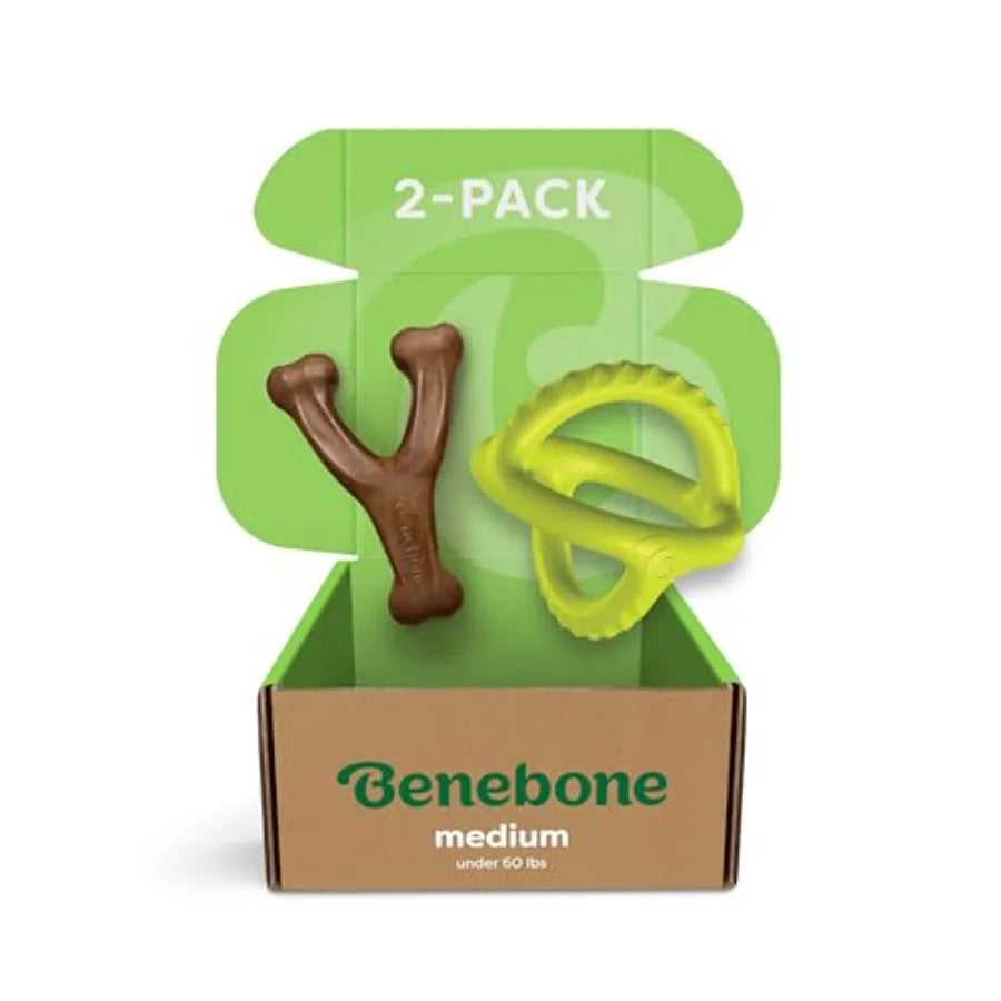 Bundle of Wishbone Durable Dog Chew Toy for Aggressive Chewers Real Bacon Made in USA Medium + Natural Rubber Tug Interactive D