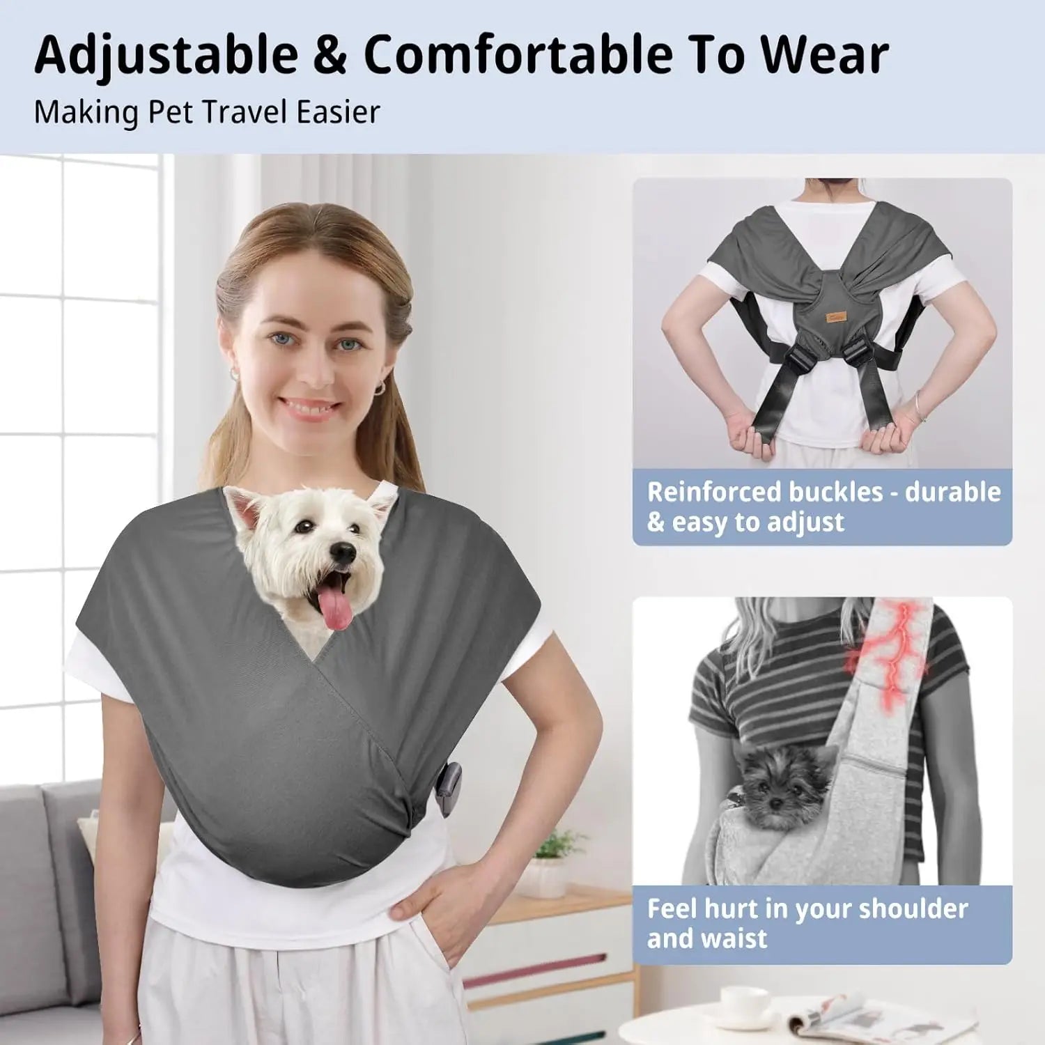 Front-Sling Carrier for Small Dogs & Cats, Adjustable Soft Cotton Pet Harness Up to 10lb (Dark Gray)