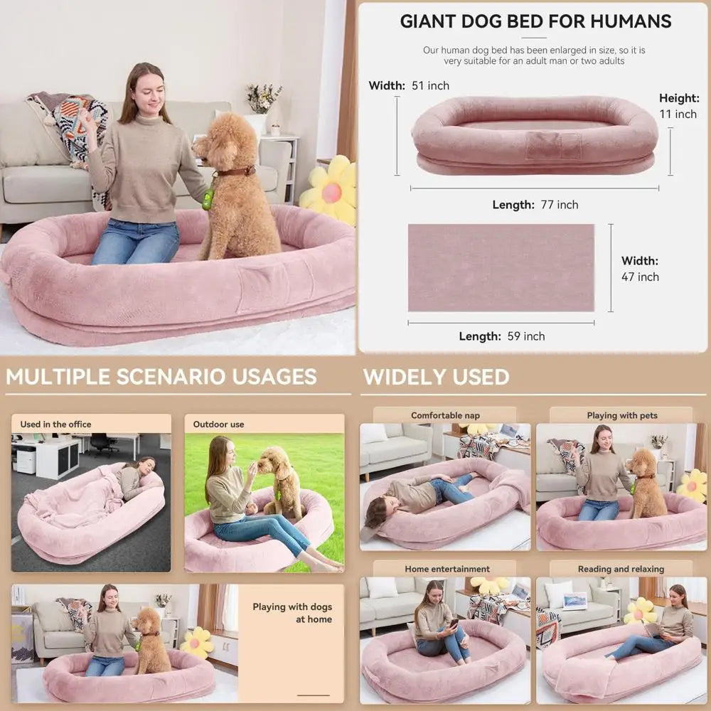 Jumbo Plush Dog Bed for Humans & Pets, 77x51x11 Inches, Waterproof, Removable Cover, Pink