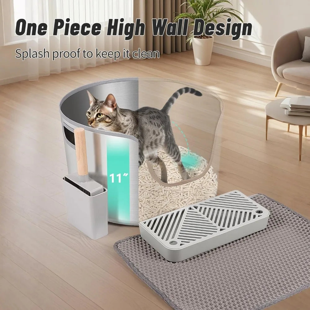Large Round High-Sided Stainless Steel Cat Litter Box with Scoop, Filter Pedal, and Litter Mat for Easy Clean-Up