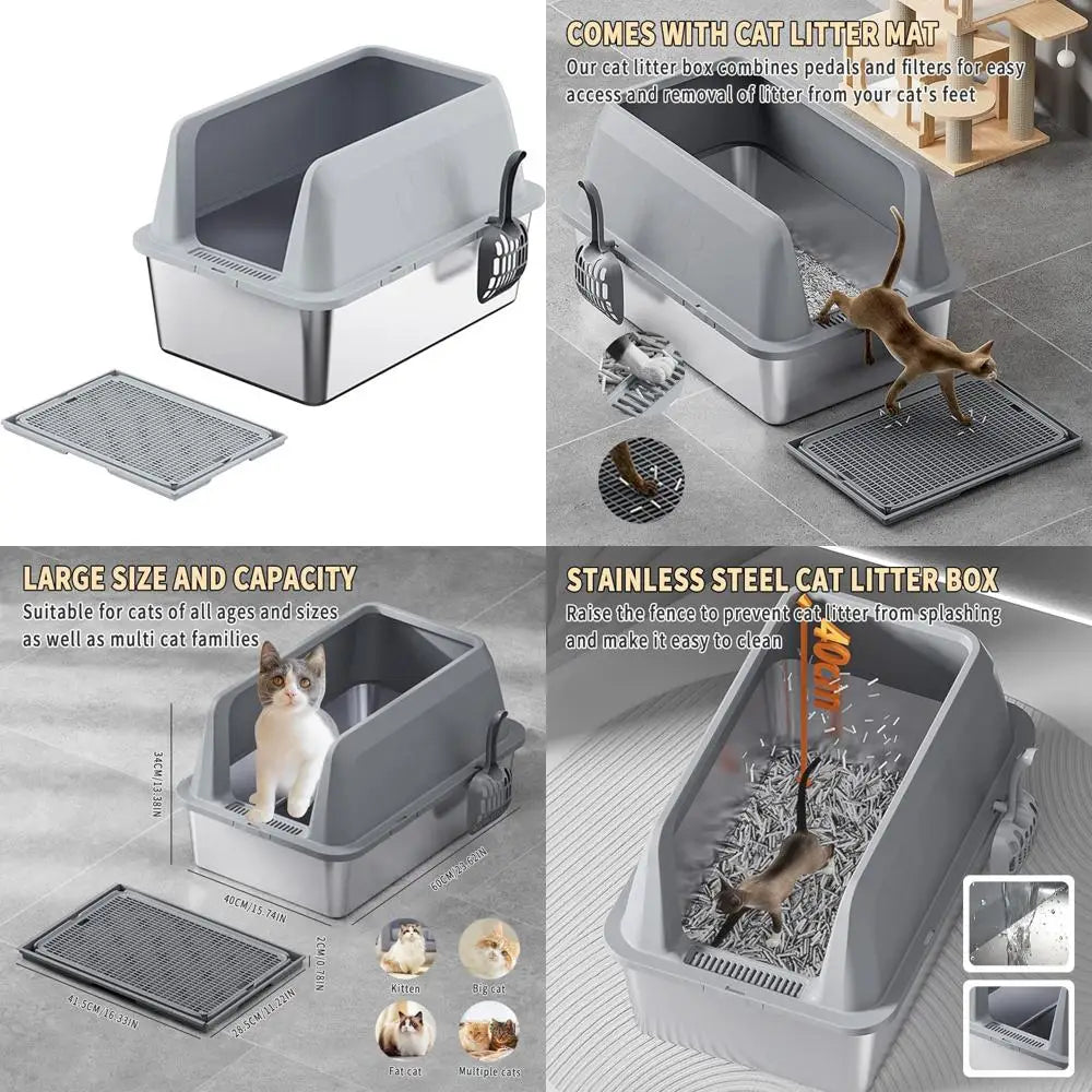 Large Stainless Steel Cat Litter Box with High Sides and Litter Mat for Easy Cleanup and Odor Control