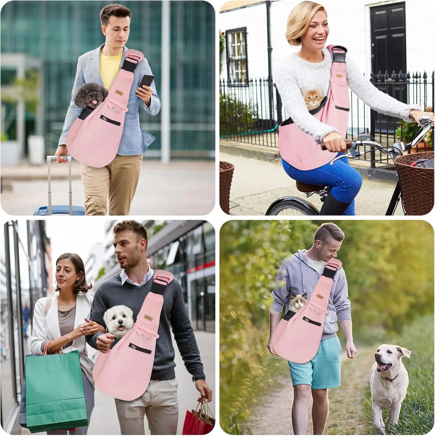Dog Cat Sling Carrier - Reversible Hands-Free Pet Papoose Bag - Soft Tote for Small Dogs Cats (Pink, Adjustable Strap)