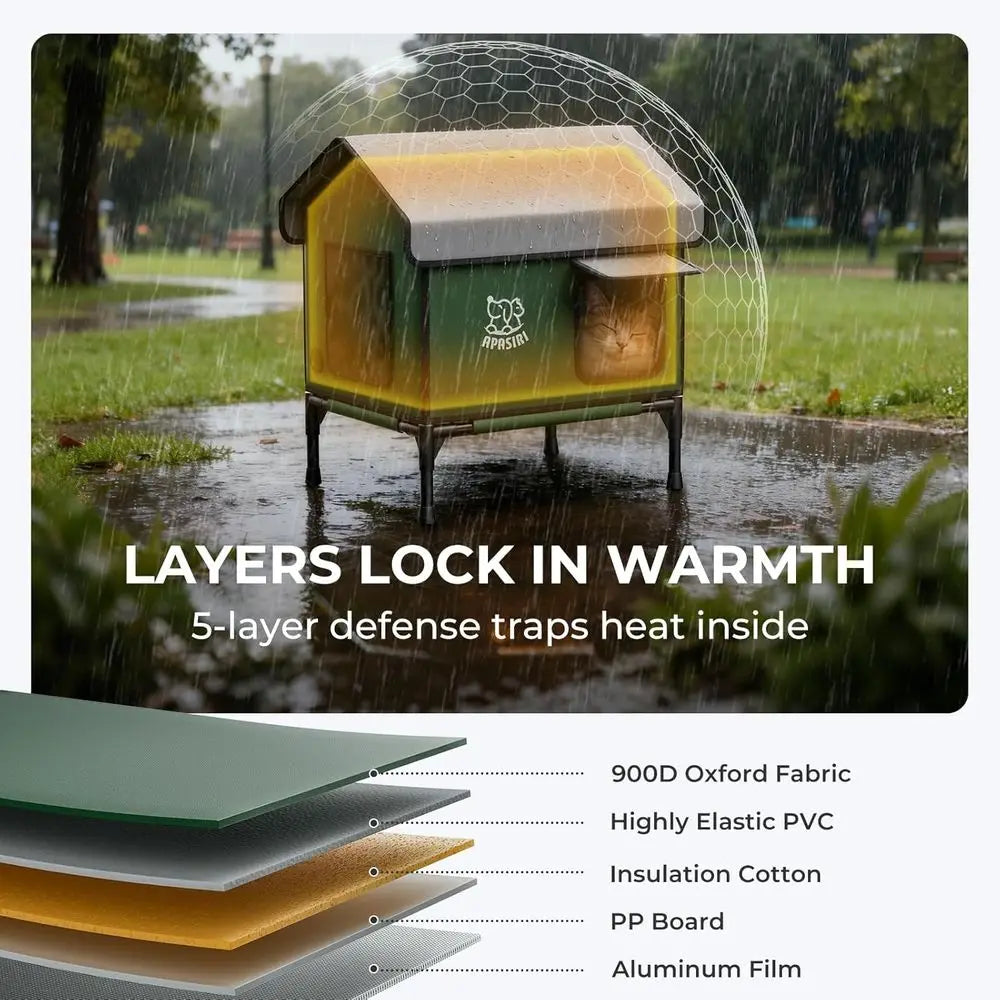 Durable Insulated Outdoor Heated Cat House with Escape Hatches, Anti-Peep Curtains, and Weatherproof Design for Small Cats
