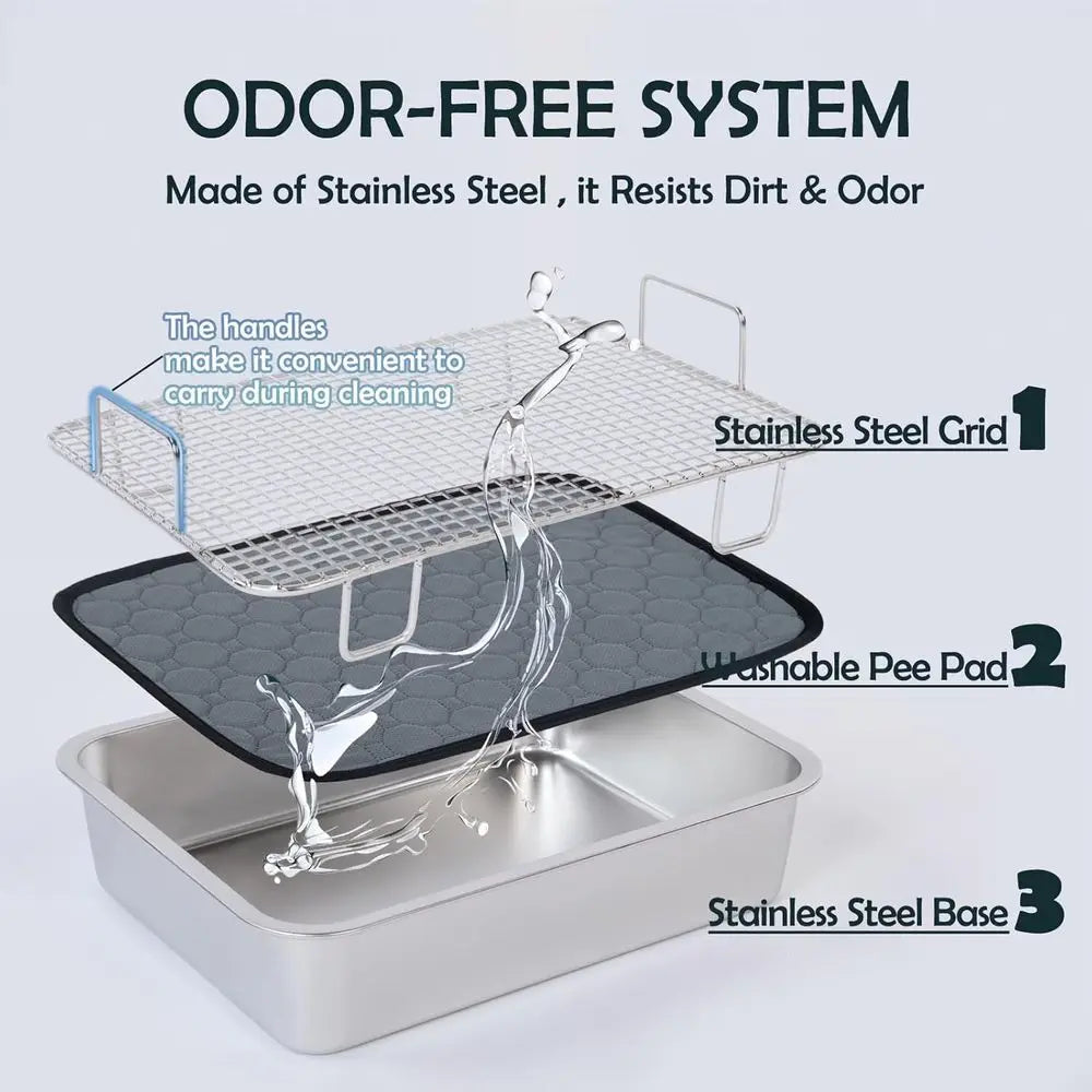 Rabbit Litter Box Stainless Steel, Large Bunny Litter Box with Raised Grid and Washable Pee Pad, Metal Litter Pan High Side for