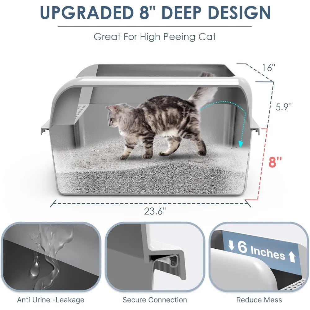 Extra Large Deep Stainless Steel Litter Box with Lid for Big Cats - XL Metal Pan with High Sides for Pet Waste Management