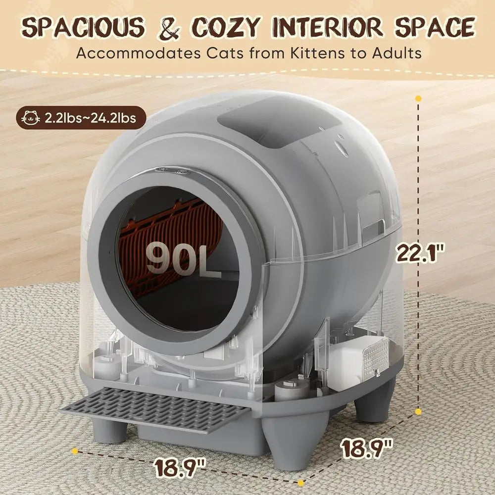 Smart Self-Cleaning Cat Litter Box, 90L High-Capacity, Multi-Cat Home, App-Enabled Safety, Litter Mat & Bag Included (Gray)