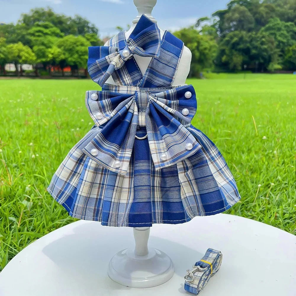 JK-Style Checkered Pet Dress Set - Bow Tie Harness Leash for Dogs & Cats (Christmas/Cosplay)
