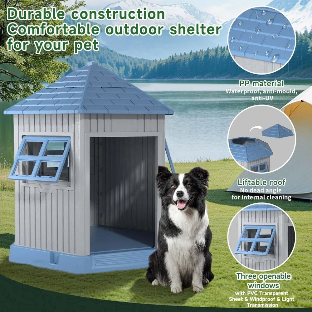 Dog House Indoor Outdoor Durable Large Dog Shelter with Outside Dog Kennel with Window and Elevated Floor for Small Medium Dogs